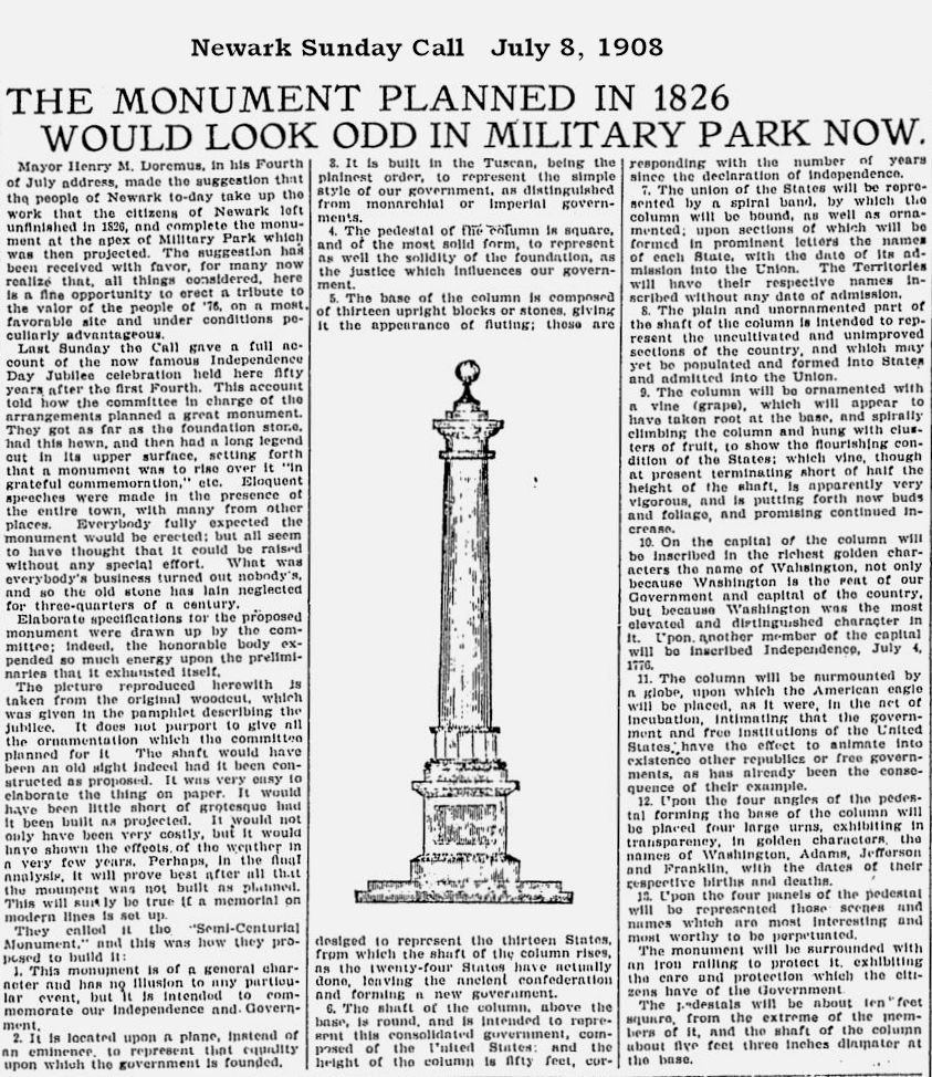The Monument Planned in 1826 Would Look Odd in Military Park Now
July 8, 1908
