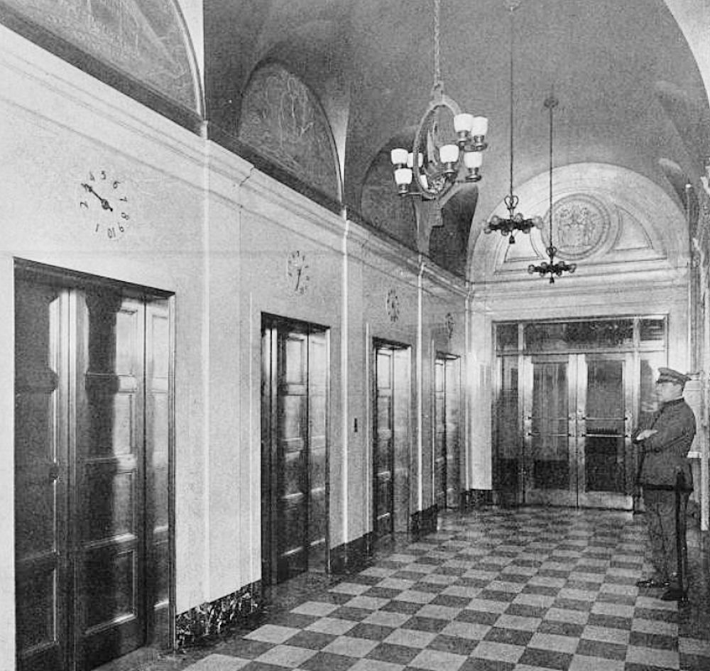 Elevator lobby with vaulted ceiling in dull gold, Chamber of Commerce Building, Newark, New Jersey, 1924.

From The Architectural Forum Volume XLI.
