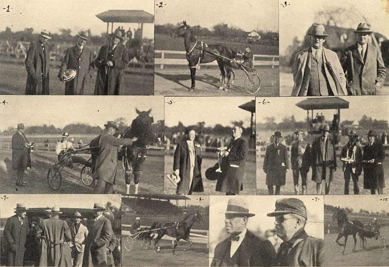 Gala Day Collage
1.—Walter R. Cox, W. H. Cane and J. M. Beldon after Mr. Cane had accepted the trophy which went to the Good Time Stable. 
2.—Guy Ozark, Dickerson up, after the Arden Homestead Stable champion had trotted an exhibition mile. 
3.—Barney Fralick and W. H. Dickinson of the Connecticut River Stock Farm, Hatfield, Mass., could not resist going over for the big day. 
4.—After Dorwood Farm's mare, The Ripples, had won an event, with J. M. Beldon presenting the trophy to Driver Robley while Theo. Maxfield held the mare. 
5.—When W. J. McDonald of Boston won an event with Albia Maxey he delegated Dr. J. T. McGlynn of the "Mets" to accept the trophy which George T. James presented. 
6.—George T. James, Thomas Berry, J. M. Beldon, L. B. Sheppard and W. K. Dickerson lined up for THE TROTTER AND PACER photographer. 
7.—The original Sam Williams, L. B. Sheppard and W. H. Cane can be clearly seen in this picture, but some cravenetted gentleman is trying to hide Walter Cox. 
8.—Hazleton 2:013/4, the new champion four-year-old, doing his turn for the big crowd. 
9.—Frank D. Phillips of Goshen and Job G. Sherman. 
10.—Fireglow, the new champion racing two-year-old. 

Image from the Oct 27, 1927 Trotter and Pacer magazine courtesy of Don Daniels

