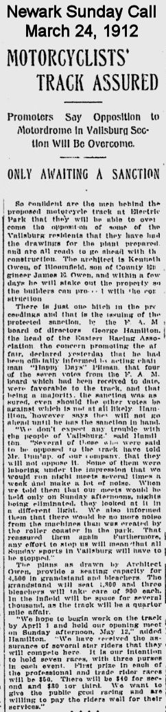 March 24, 1912
Motorcyclists' Track Assured
