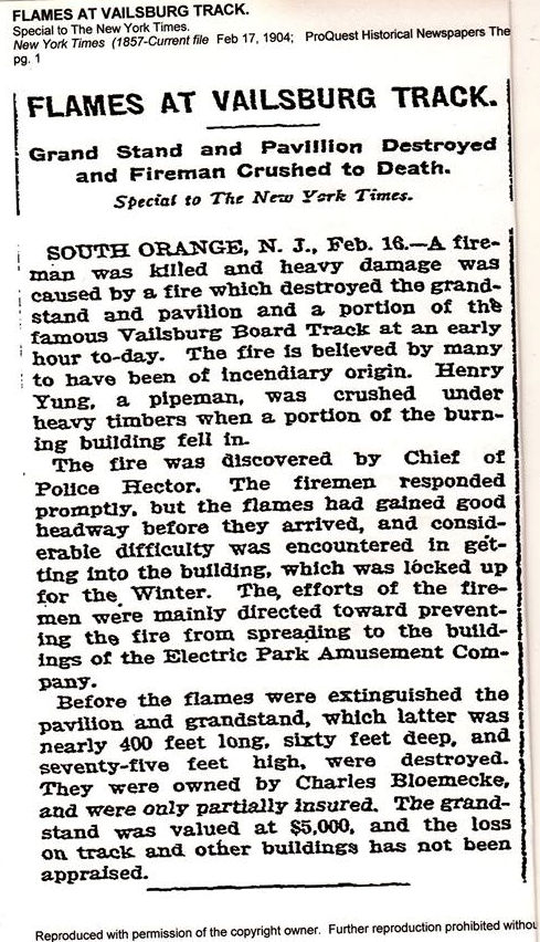 Flames at Vailsburg Trck
NYT February 16, 1904
