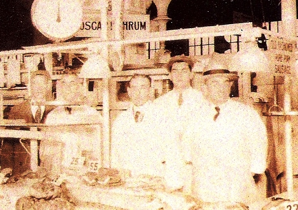 Oscar Thrum's Meat Market
Right to left,  Proprietor Oscar Thrum; brother William, brother-in-law Hugo Fliedner, brother Ernest, all butchers, and in a suit, brother Fred Thrum a baker
Photo from Phyllis Marino
